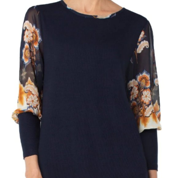 Liverpool Tops - Liverpool Knit Ribbed Top Floral Woven Long Sleeve Navy Blue/Yellow, Small